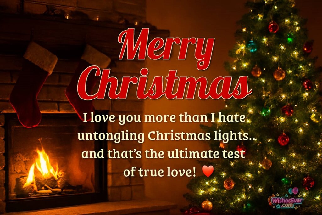 Romantic Christmas wishes for girlfriend 2025 – beautiful holiday greeting image with red and gold lights.