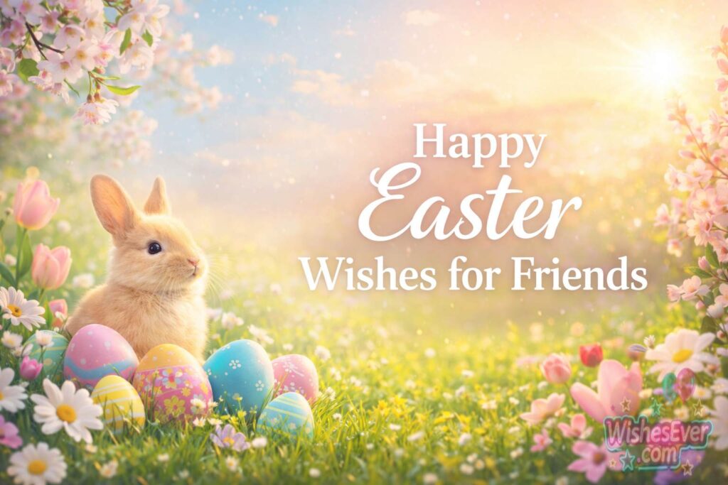 Create a 1200x800 full HD featured image for “Happy Easter Wishes for Friends”. Use a bright, joyful spring background with soft sunlight, blooming flowers, pastel colors, and a peaceful sky. Include Easter elements like decorated eggs, a cute bunny, and fresh green grass. Add a warm glowing light effect to create a happy and uplifting mood. Place elegant, rich pure white text in the center or right side reading “Happy Easter Wishes for Friends” with a soft shadow or glow for readability. The overall design should feel cheerful, friendly, festive, and perfect for sharing with friends. Ultra-HD, clean, modern blog featured image style.